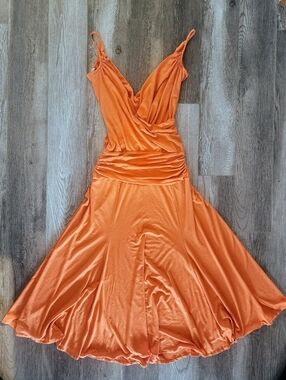 BCBGMAXAZRIA Orange Wrap V-Neck Ruched Waist Flared Midi Dress NWOT Size S